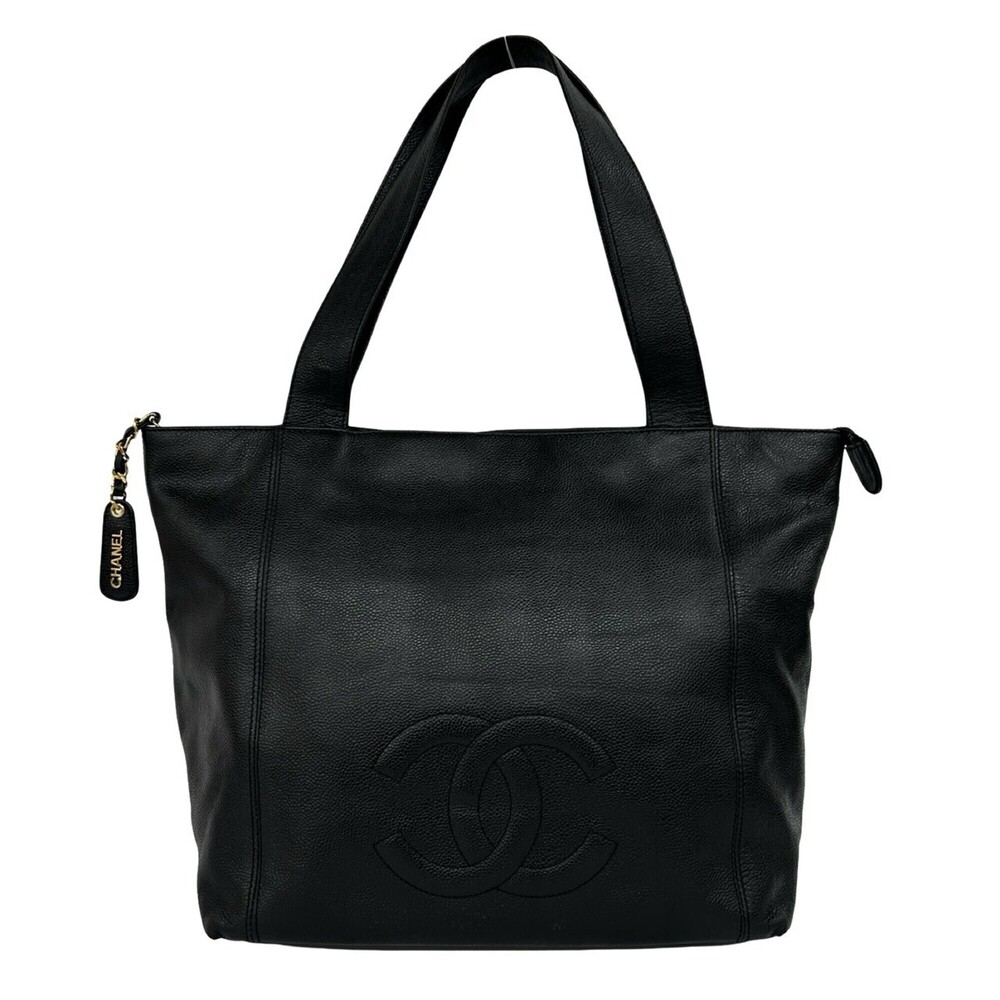 CHANEL Vintage Black Caviar Leather Logo Tote Bag